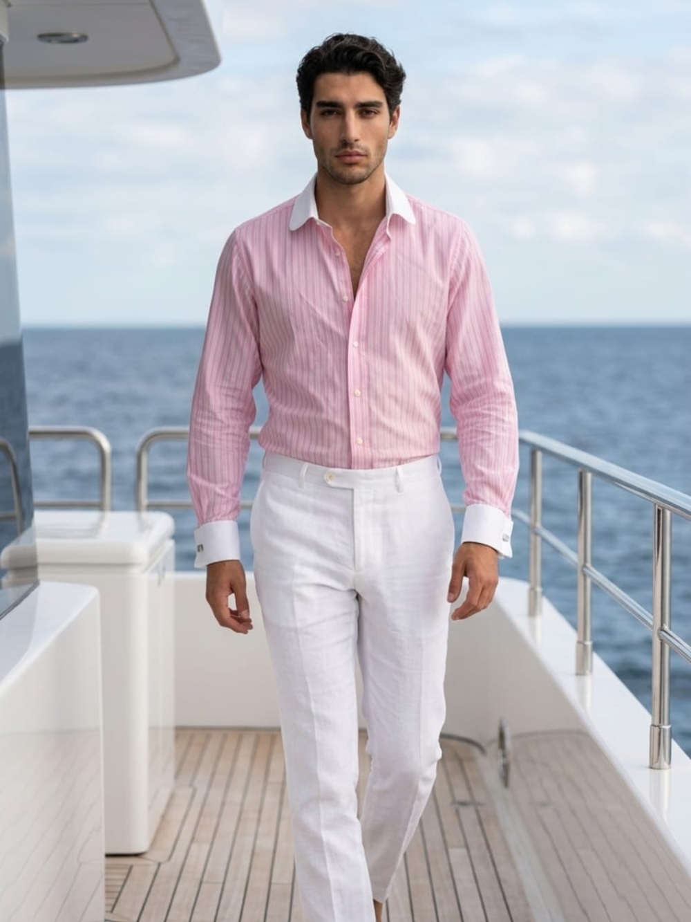 Paul Fredrick Pink Striped Dress Shirt with White Contrast Collar